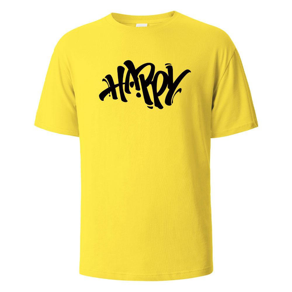 Happy Artistic Fonts Printing T-shirt For Men Wowen 100% Cotton Summer Comfortable Breathable Short-Sleeved Tops Oversize Tees