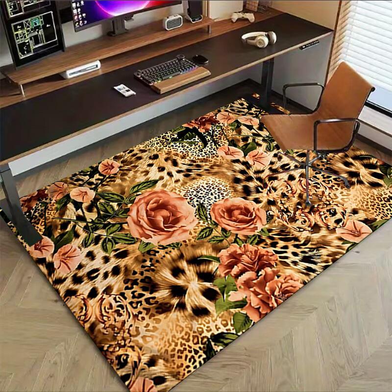 1 Stück Leopardenmuster Blumen Extra Groß Rutschfeste Bodenmatte, Büro, Familie, Schlafzimmer, Studio Großer Teppich, Langlebiges Material-J0417