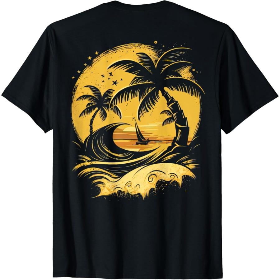 НА СПИНЕ Тропические пальмы Парусник Пляж Остров Закат Футболка S чёрный