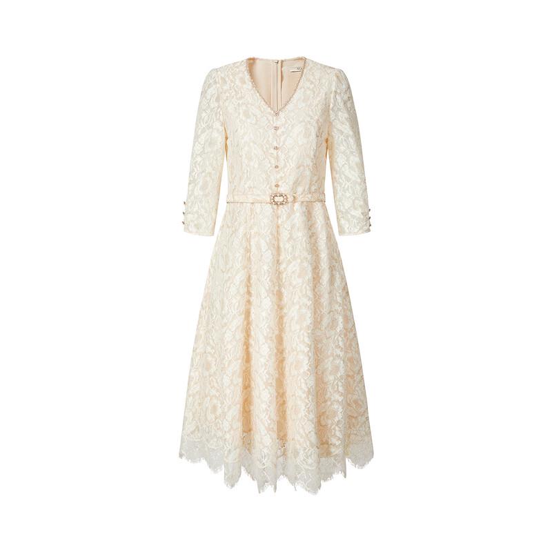JUZUI Women's Quiet Luxury Embroidered Lace Rose Tie-Waist Dress