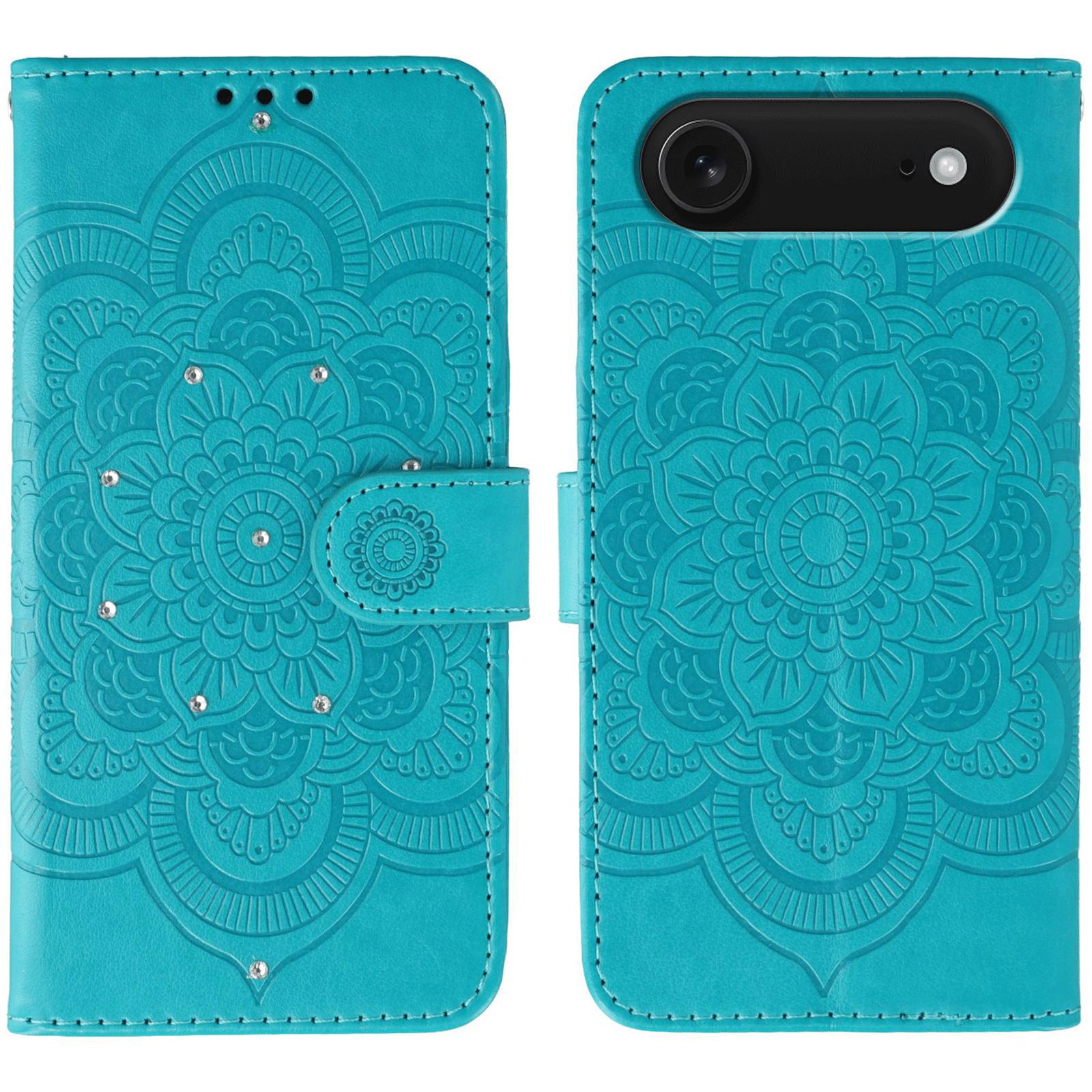 

For iPhone 17 Air Case Rhinestone Decor PU Leather Mandala Imprinted Design Phone Cover with Wrist Strap Blue