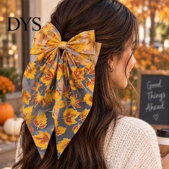 Fall Outfit Accessories Maple Leaf Hair Bows for Women Girls, Autumn Leaves Clips, Large Bowknot Ponytail Holder Barrettes, Gold Hairpin with