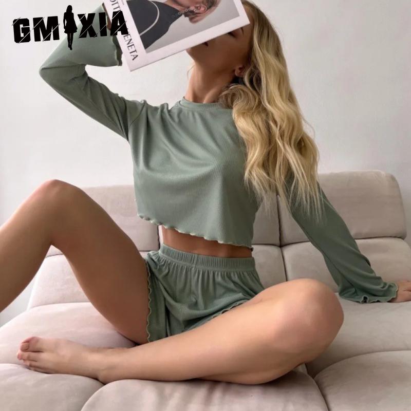

GMXIA Пижама из двух частей женская домашняя с длинным рукавом и шортами осенне-зимняя с круглым вырезом M зелёный