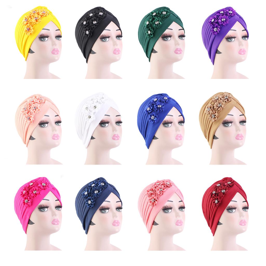 4Pcs Women Turban National Style Diamond Flower Beanie Elastic Head Wrap Cap Chemo Headwear Accessories