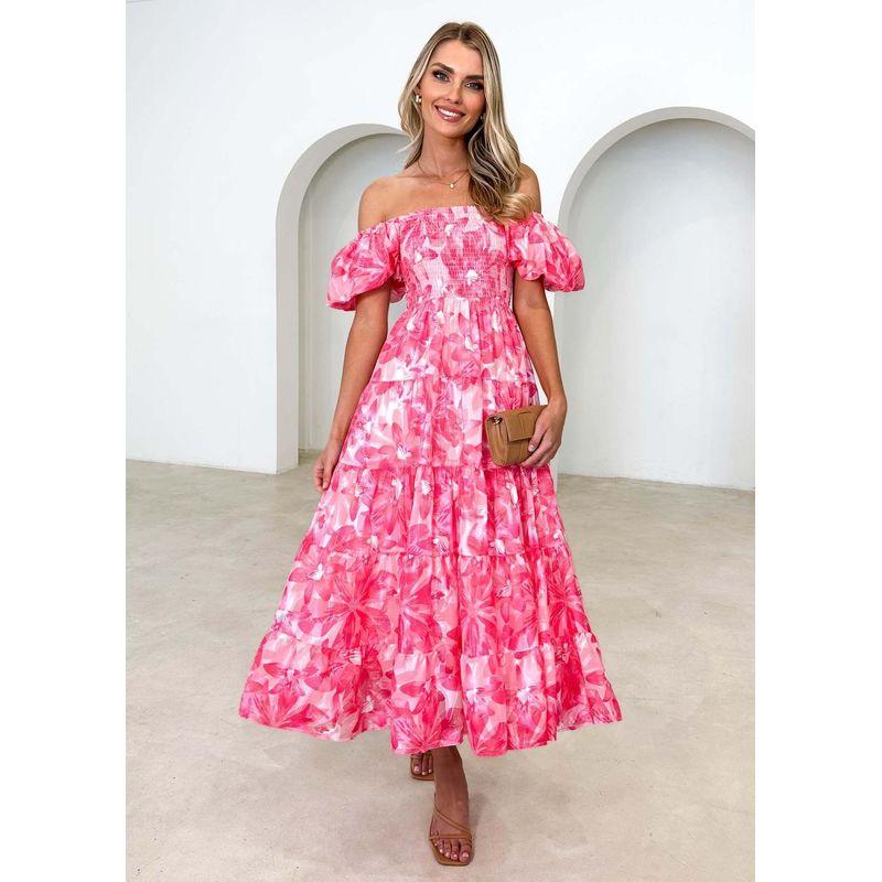 2025 Europe and America Cross Border Spring/Summer New Arrival off-Neck Print Puff Sleeves Silm Mid-Length Tulle Tutu Dress Dress