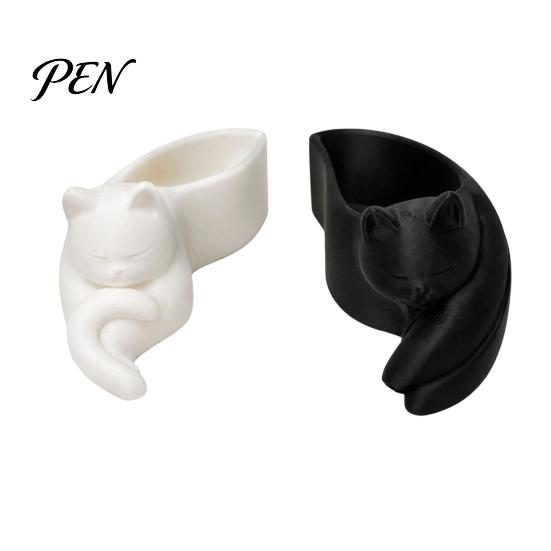 Decorative Makeup Brush Holder 3D Printed Cat Pen Holder, Cute Sleeping Kitty Stationery Organizer, 2-in-1 Modern Desk Storage for Brushes Desktop