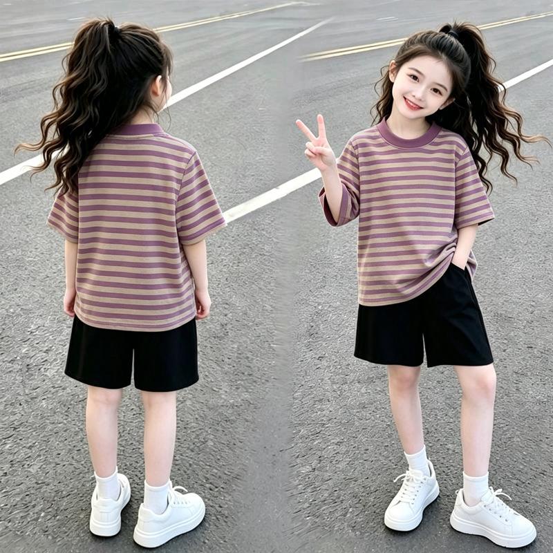 Girls' Stylish Patchwork Stripe Short Sleeve T-shirt Set for Ages 6-15