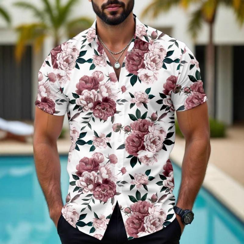 Men's Blue Floral Print Short Sleeve Shirt Casual Button Down Summer Beach Blouse