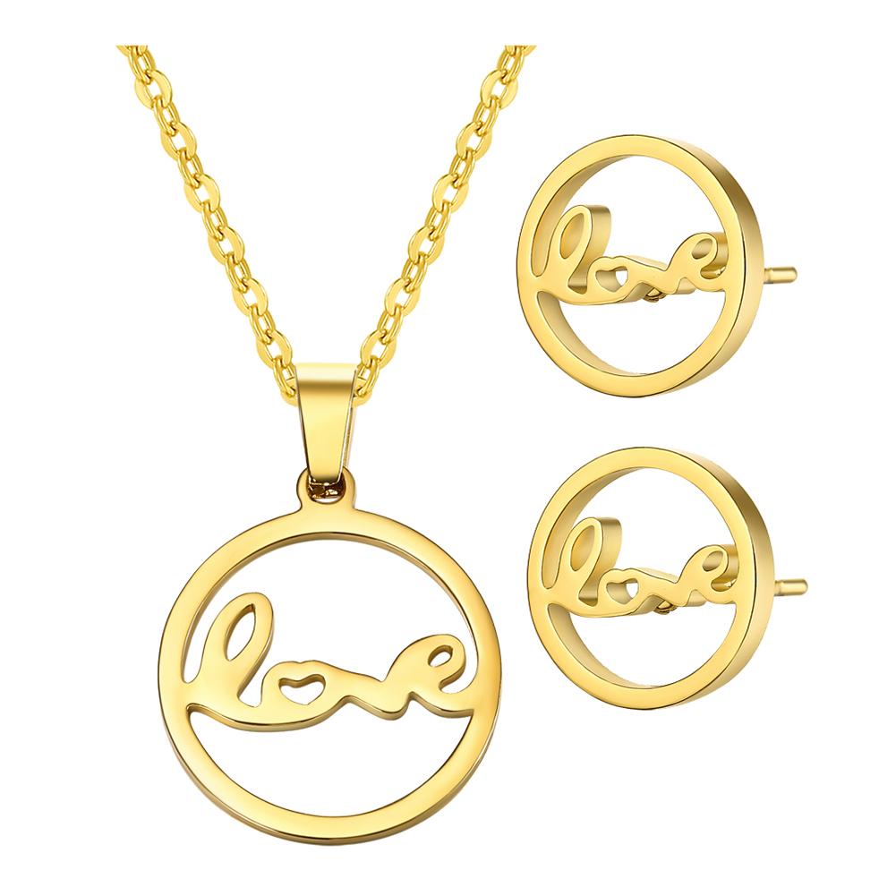 Elegant Hollow-out Love Circular Ring Ornament Set Necklace & Ear Stud Festival Birthday Gift
