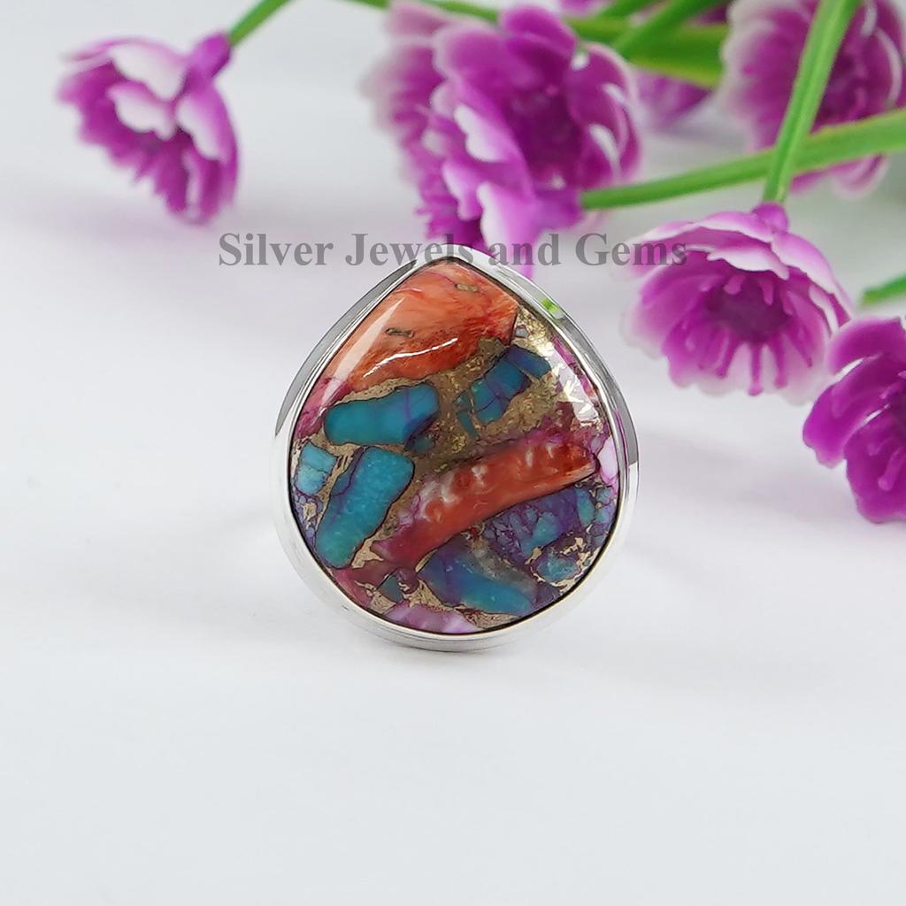 Copper Turquoise Ring, Dahlia Turquoise Ring, 925 Silver Handmade Ring, Gift for Wife, Pear Shape Turquoise Ring, Gemstone Ring