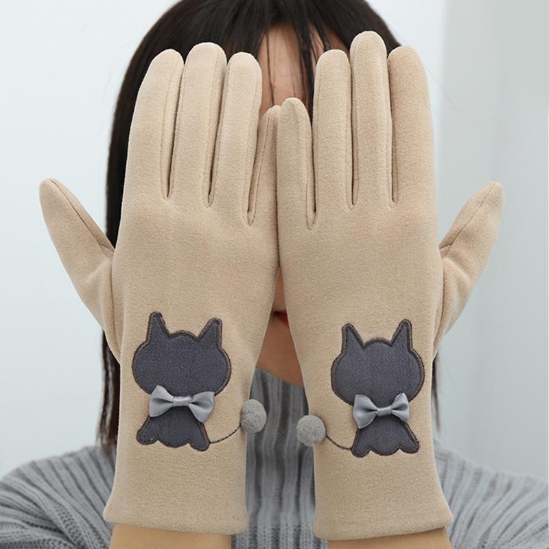 Women Touch Screen Outdoor Gloves Winter Fleece Riding Cat Embroidery Driving Elastic Gloves Warm One Size Fits All