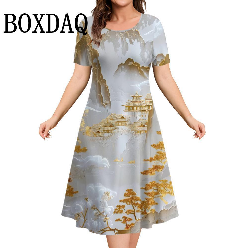 Marble Landscape 3D Printed Women's Clothing Summer Short Sleeve Elegant Party Dresses O-Neck Casual Painting Loose A-Line Dress