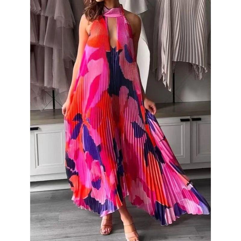 Bohemian Deep V Hollow-out Hanging Neck Lace-up Backless Sexy Sleeveless Pleat Big Hemline Mid-Length Dress Vacation