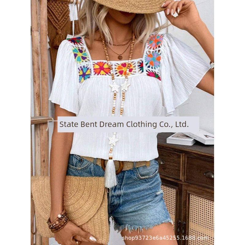 

Square Neck Crochet Hollow Flower Top Square Collar Crochet Hollow Flower Tops Casual White XXL