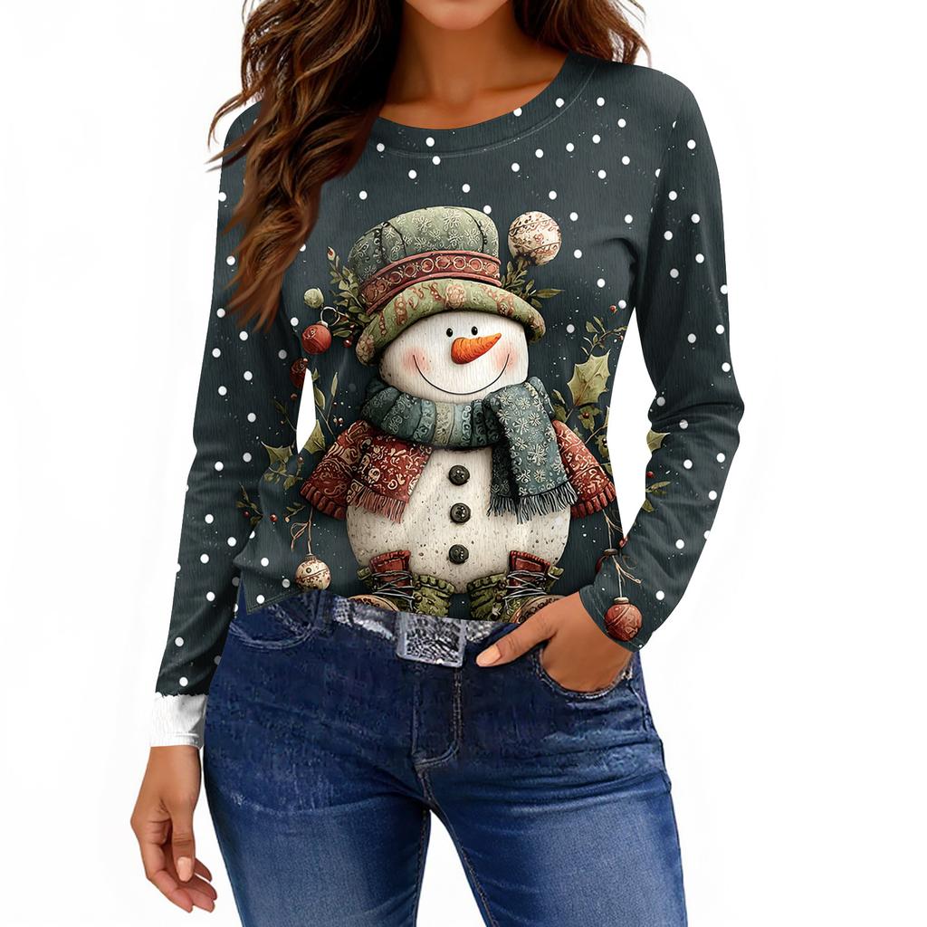 Women's Fashion Casual Slit Hem Round Neck Long Sleeve Loose Printed T-Shirt Ladies Top