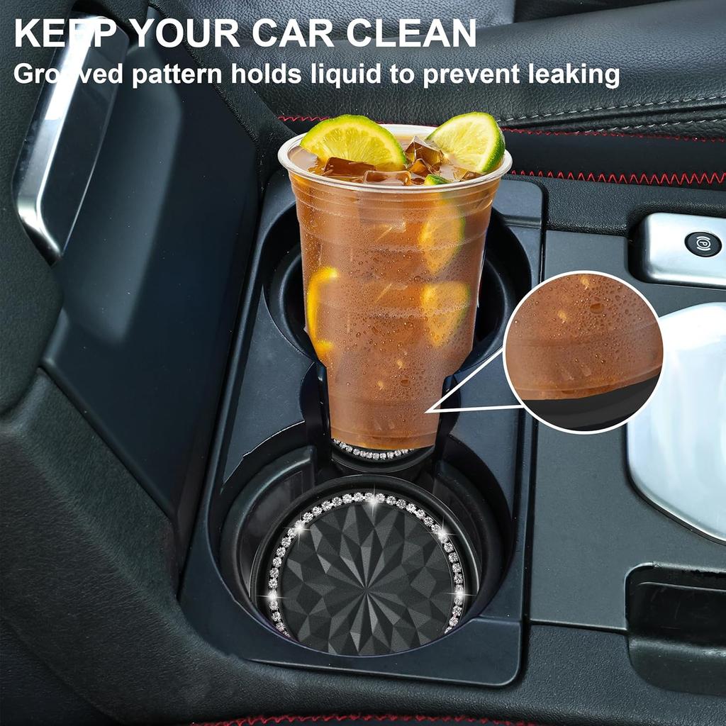 Amooca Car Cup Coaster 4 Pack Universal Non-Slip Cup Holders Ert Coasters Bling Crystal Rhinestone Car Interior Accessories Black Flower