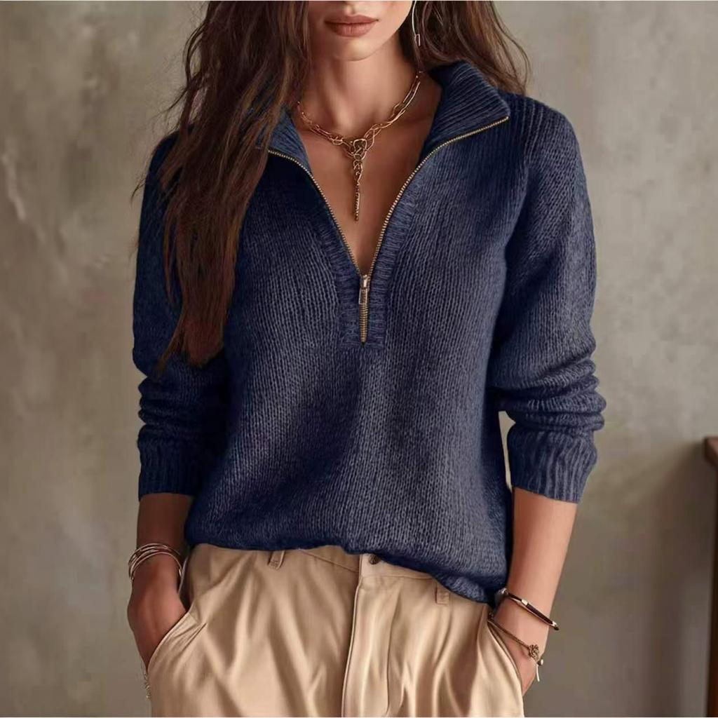 Women's Color Half Zip Long Sleeve Sweater Top Casual Knit Pullover with Collar