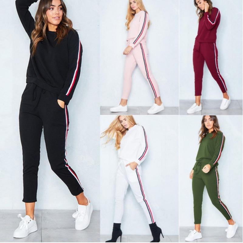 Women's 2 Pcs/set Tracksuits Comfy Striped Loungewear With O-neck And Drawstring