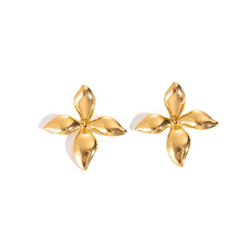 Two-Tone Gold & Silver 3D Four-Petal Flower Stainless Steel Stud Earrings for Women