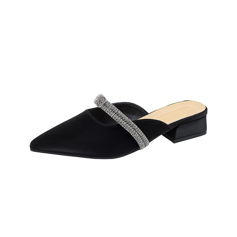 Y097-5 Sandals Women's Summer 2025 New Pointed Heel Thick Heel Baotou Lazy Half Slippers Fashion Outer Wear Fairy Gentle