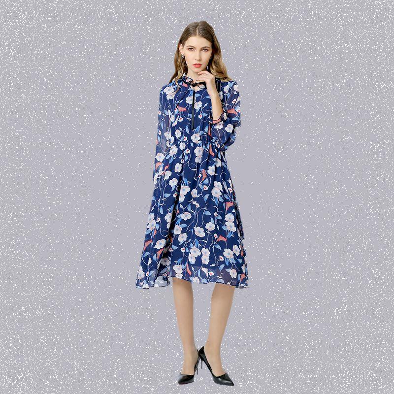 

Elegant Ladies Early Autumn Stand Collar Floral Dress Blue flower skirt S