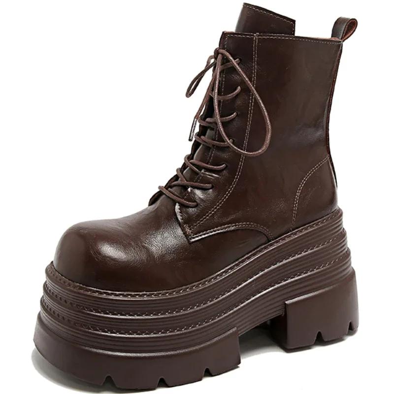 Women High Platform Boots Gothic Leather Punk Shoes Female Ankle Short Combat Boots 10.5CM Wedge Heels Chunky Motorcycle Boots