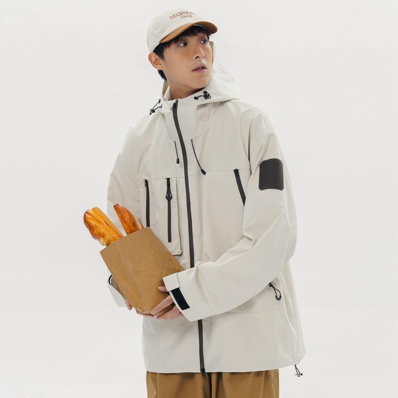 Spring and Autumn New Men's Korean Style Solid Color Hooded Outdoor Multi-Pocket Jacket Trendy Couple Jacket