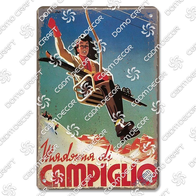 Ski Poster Metall Blechschilder Skipiste Schlitten Winter Skifahren Sport Metallplatte Vintage Wanddeko Geschäft Ski Club Wohnzimmer Zuhause