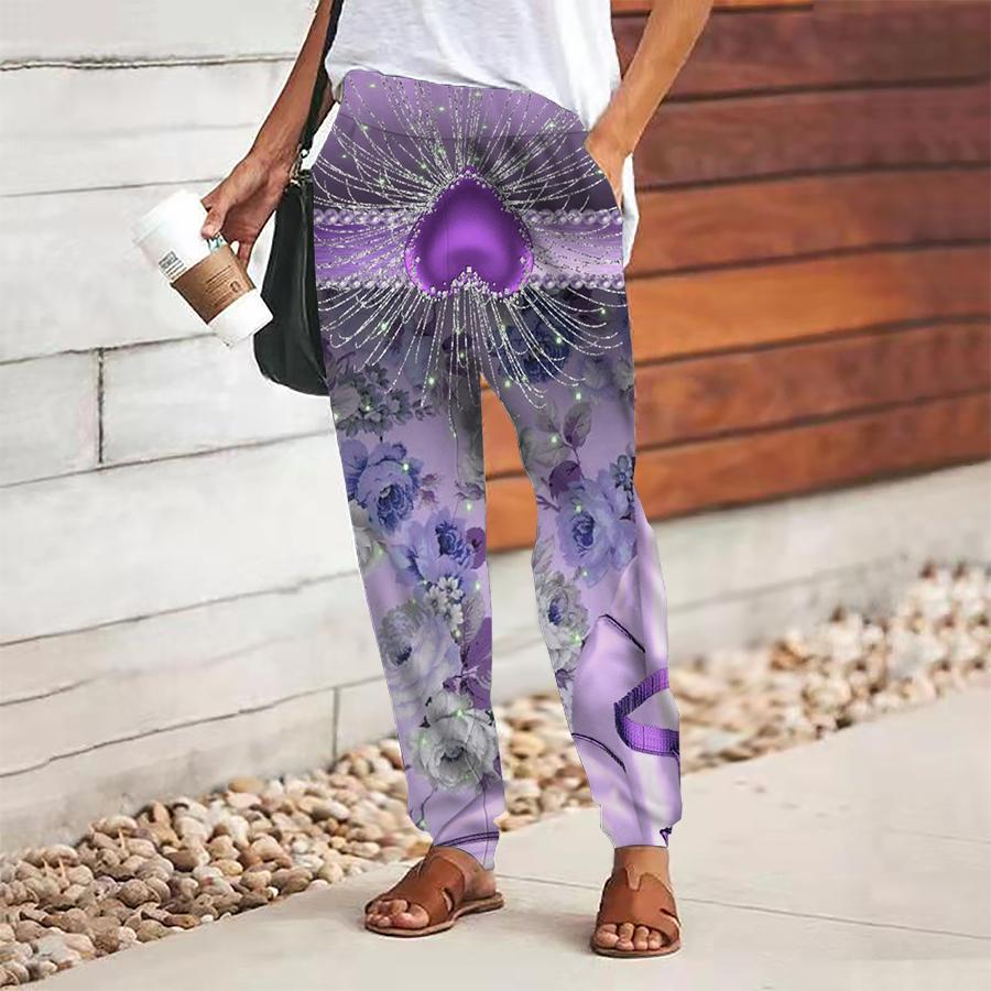 Women Gorgeous Printing Pants Lace Up Elastic Waist Loose  Trousers Casual Long Pants Trousers with Pockets