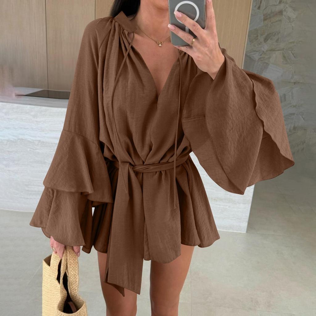 Women's Fashionable Solid Color V-neck Irregular Lace Long Sleeved Loose Top