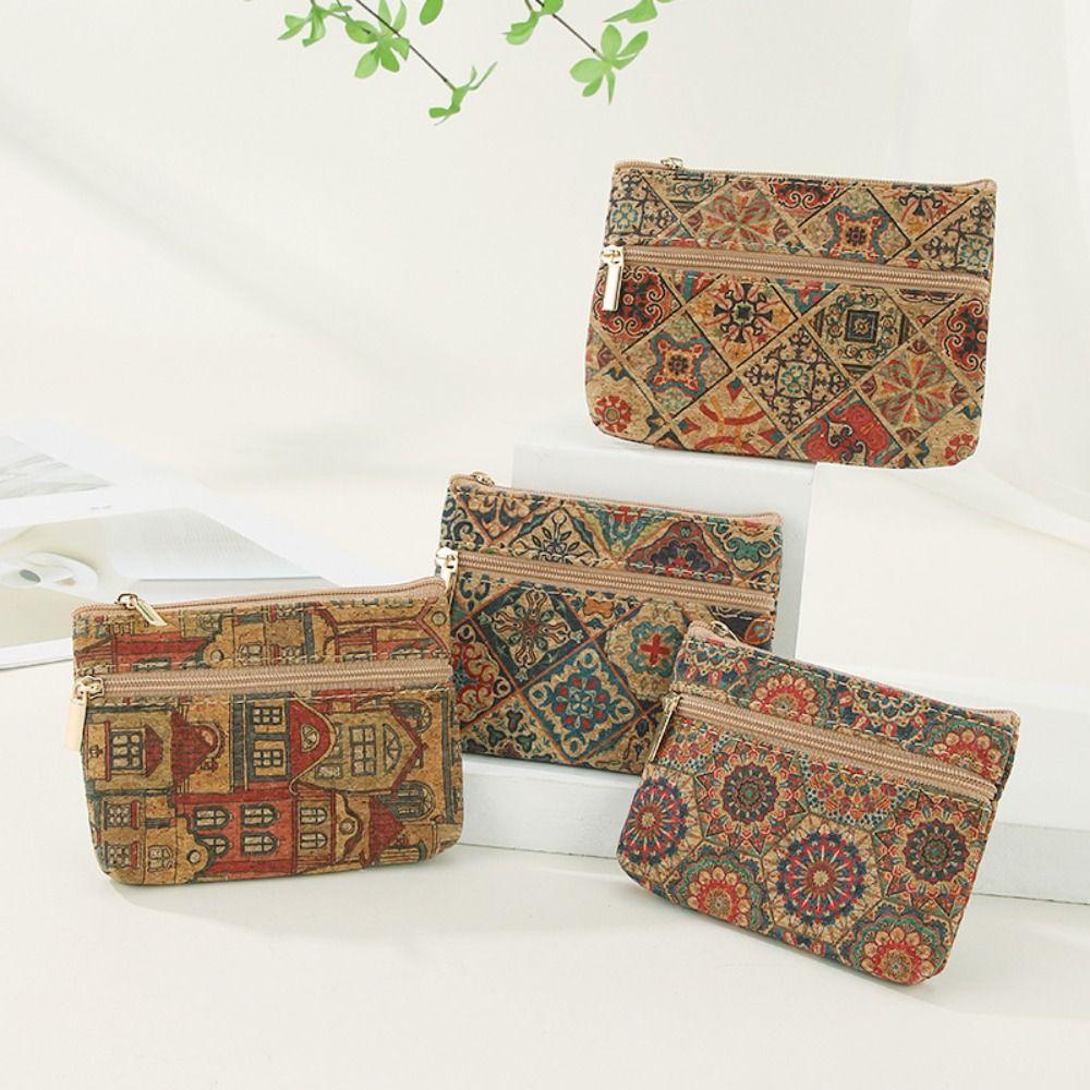 Fashion Cork Coin Purse Ethnic Style Double Layer Zipper Money Bag Luxury Retro Clutch Pocket Wallets