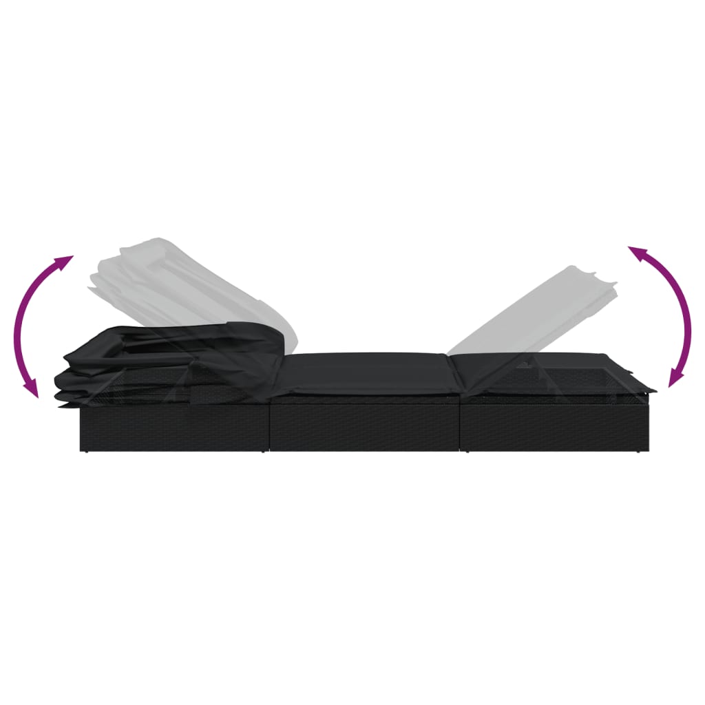 Folding Sun Lounger with Canopy Black 213x63x97 cm Poly Rattan