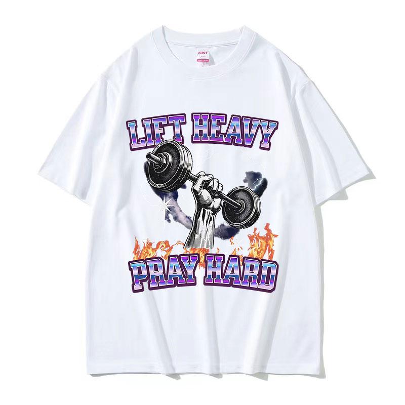 Lift Heavy Pray Hard Funny Gym Meme Tshirt Unisex Casual Oversized 100 Cotton T Shirts Fashion High Quality ONeck Tshirts Tops