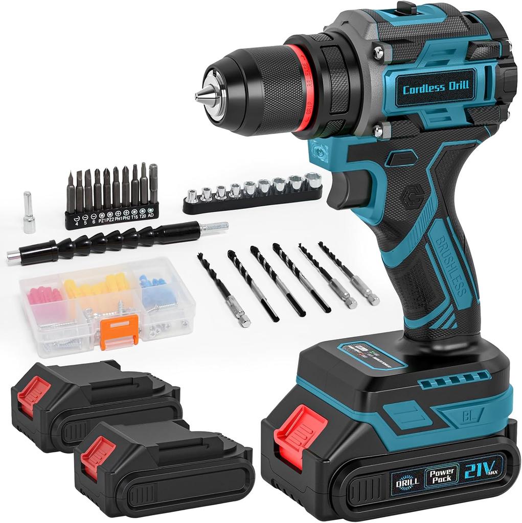 21V Cordless Brushless Drill Set, 2x2.0Ah Batteries, 3/8' Metal Chuck, 25+1 Torque, 2 Speed, 87PCS DIY Home Repair Tool Kit