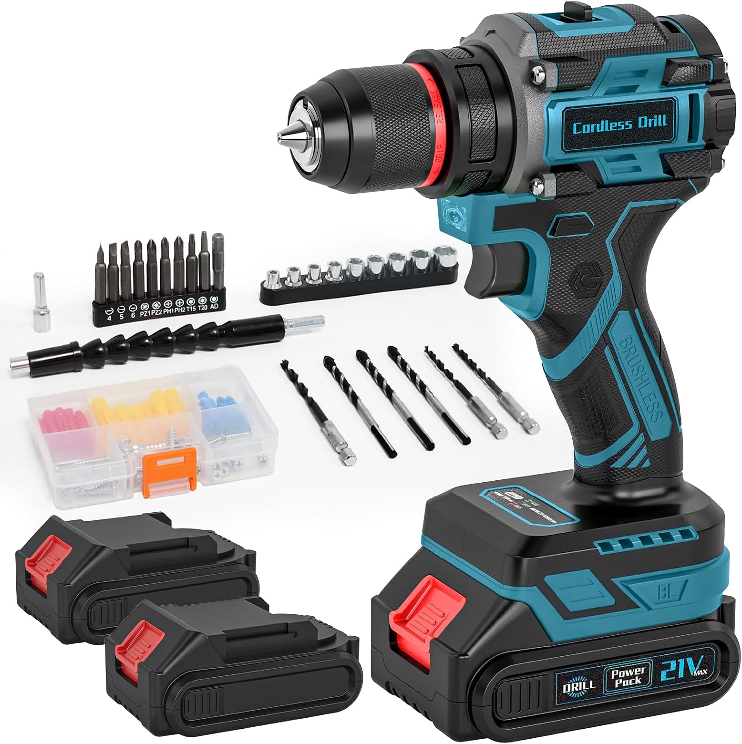 

21V Cordless Brushless Drill Set, 2x2.0Ah Batteries, 3/8 Metal Chuck, 25+1 Torque, 2 Speed, 87PCS DIY Home Repair Tool Kit синій