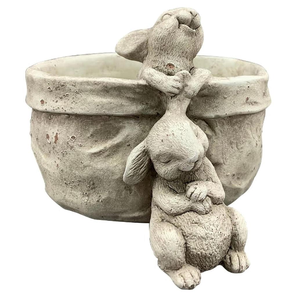 Bunny figurine with flowerpot cement vintage garden decoration