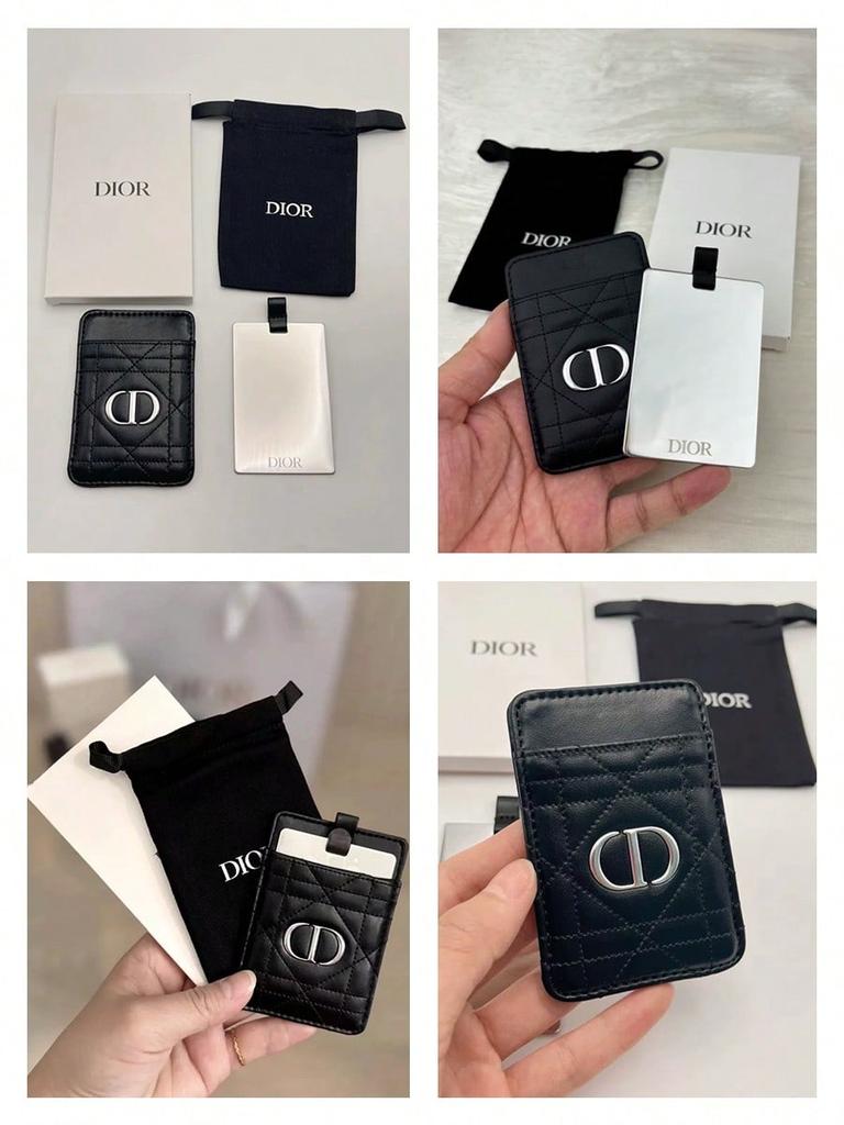 Dior 1 Set schwarzer gesteppter Leder-Kartenhalter mit Mini-Taschenspiegel Metall-CD-Logo Tragbarer Kosmetikspiegel für Frauen für tägliche Auffrischung