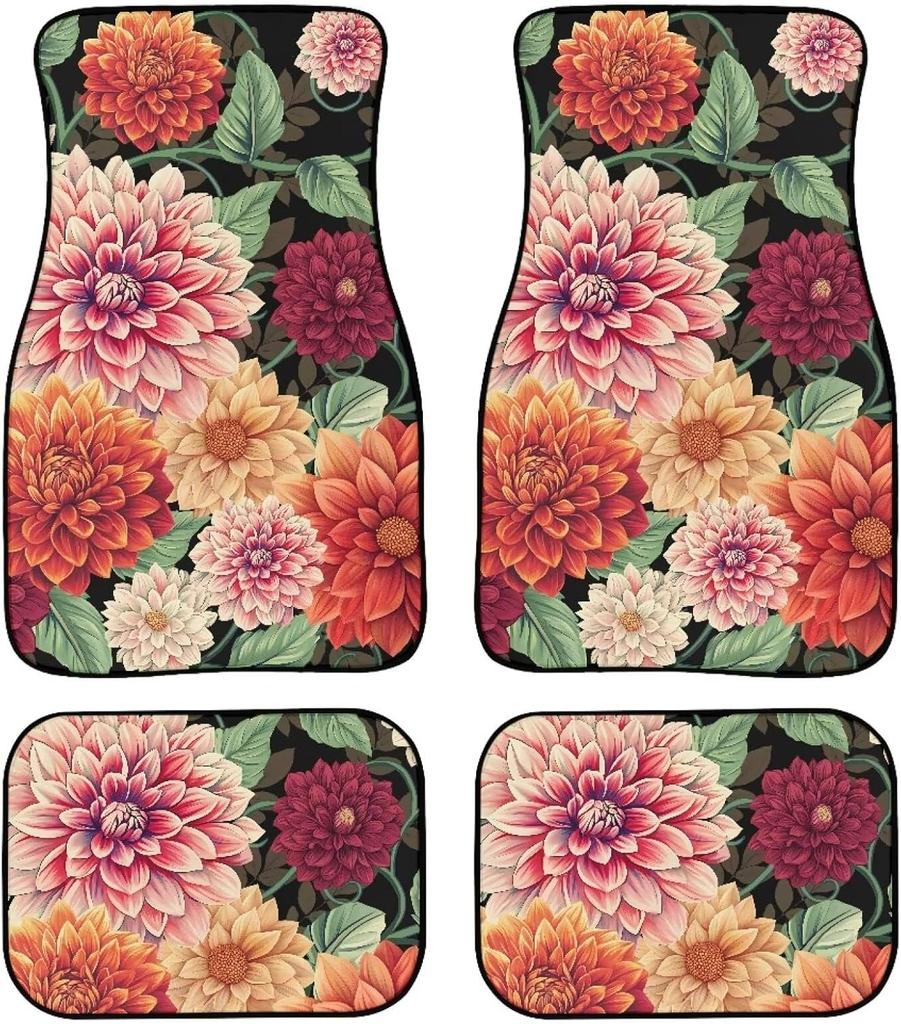 Universal Fit Auto Carpet Floor Mats Set of 4 for Women Girls Decorative Boho Floral Print Car Floor Mats Front & Rear Liners Set