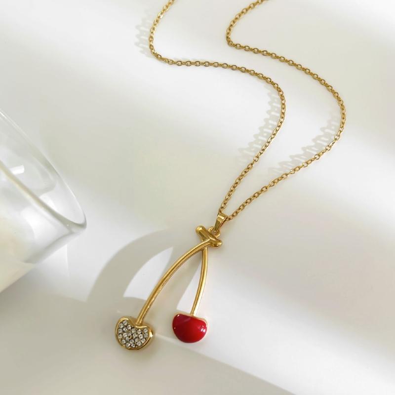 Simple Cherry Mushroom Drop Oil Pendant Neckchain Stainless Steel Layering Necklace Jewelry For Women Daily Wear