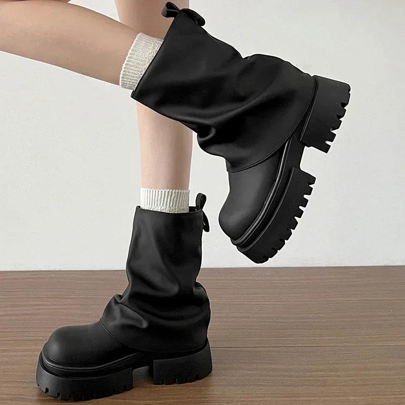 Punk Style Women Motorcycle Knee-High Boots Fashion Thick Heel Shoes Autumn Winter Non Slip Women's Knight Long Booties