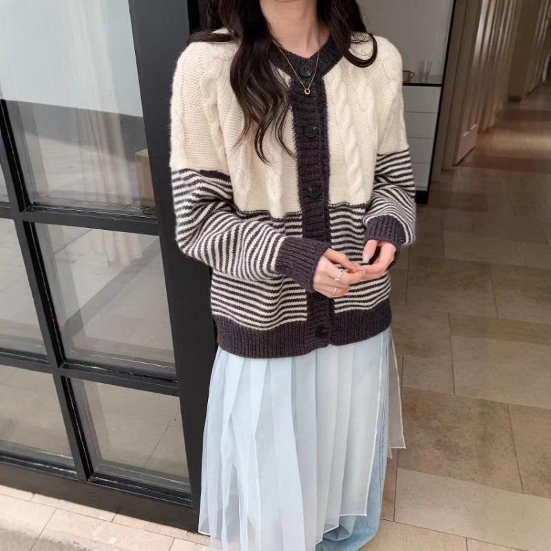 Vintage striped knitted cardigan women's clothing autumn and winter new round neck loose casual lazy wind sweater jacket women