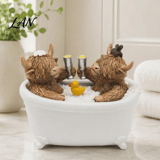 Rustic Bathroom Countertop Accessory Highland Cow Figurine, Cows Toasting In Bathtub Resin Statue, Farmhouse Accessories Cute Farm Animal Tabletop