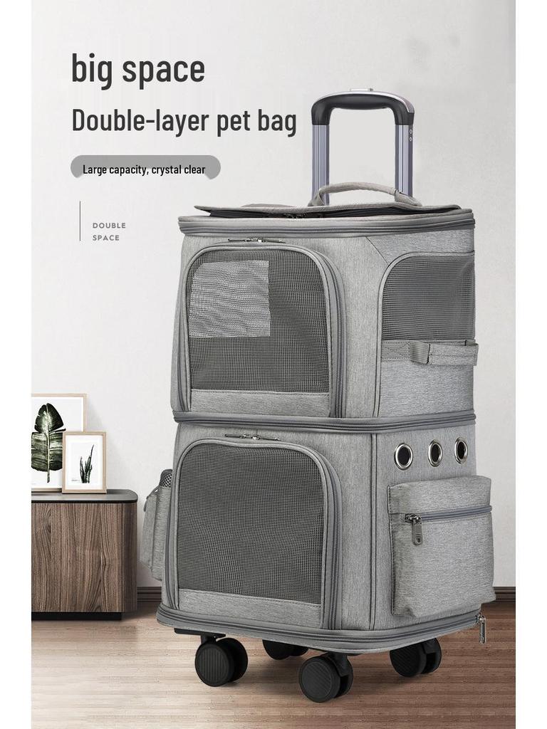 Hanbang Doppelschichtige Faltbare Haustier-Trolleytasche mit Universalrädern für Reisen im Freien