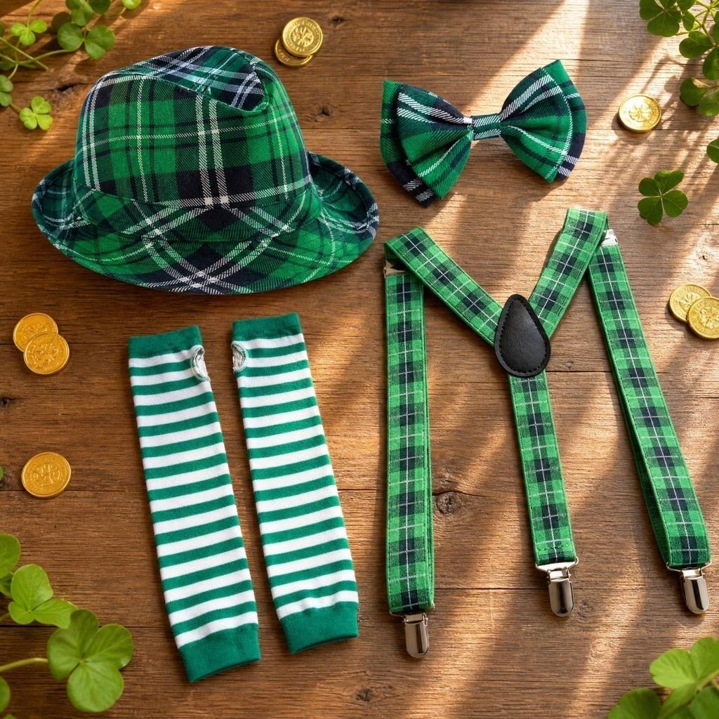 St. St. Patrick's Day Grønt Rutete Festsett med Hatt, Slips, Armbånd og Bukseseler
