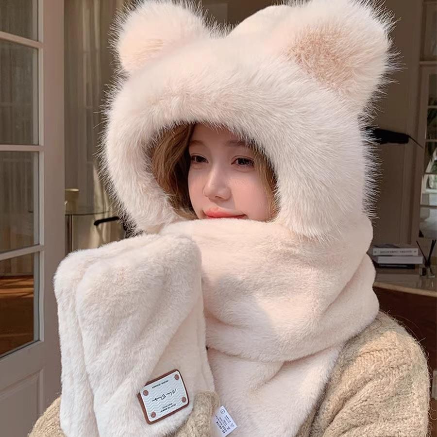 Korean Cute Plush Three-piece Set for Women's Autumn and Winter New Scarf Gloves Hat Integrated Plus Velvet Cold Proof and Warm Hat