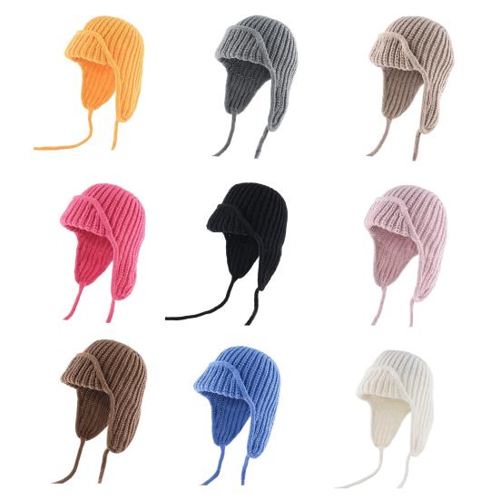 Women Knitting Hat Lace-up Solid Color Ear Protection Winter Elastic Hat Cold Weather Windproof Lei Feng Hat