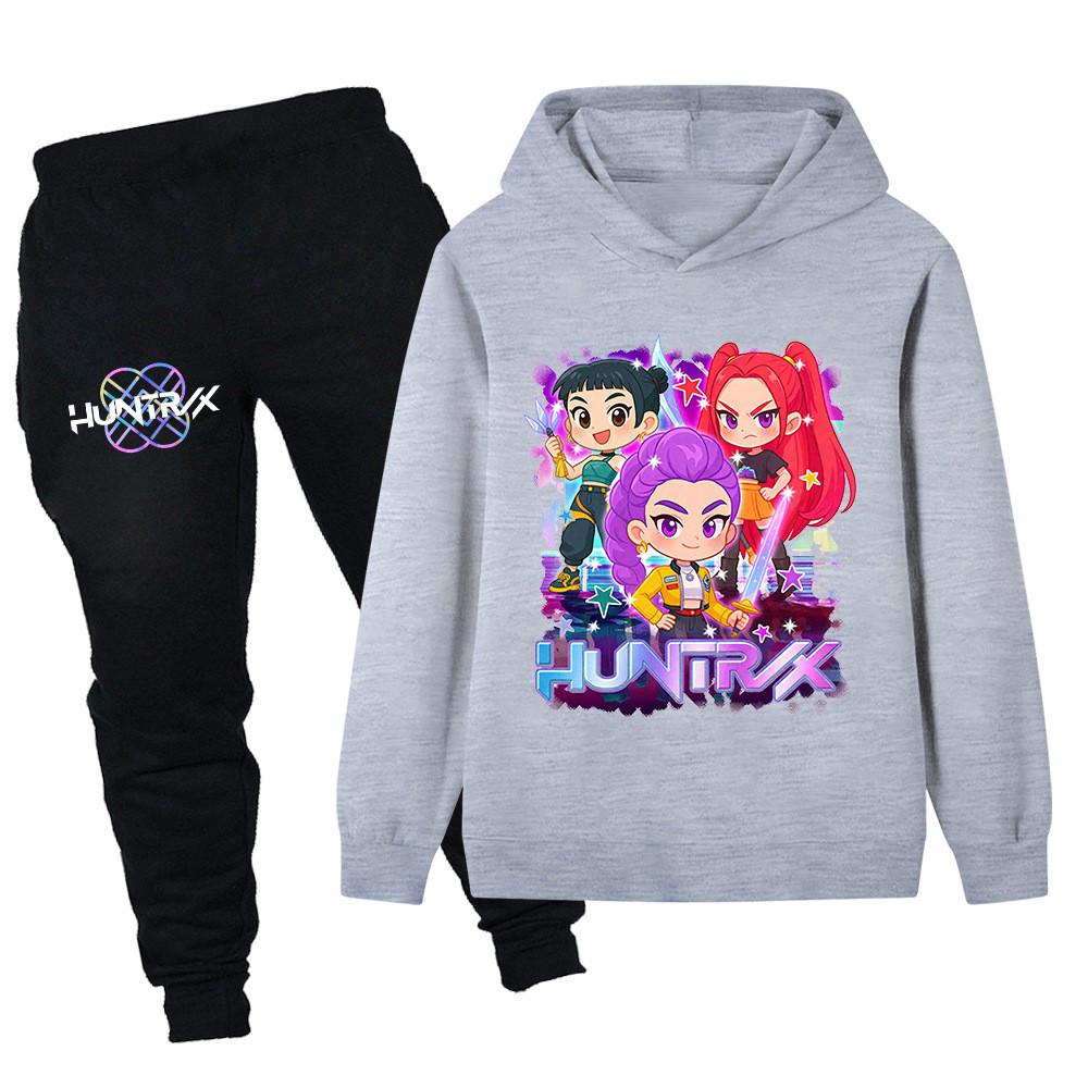 

PB1222 Kids Boys Girls Kpop Mira Zoey Rumi Print Long Sleeves Hoodie Pants Trousers Clothes Sets 170cm сірий