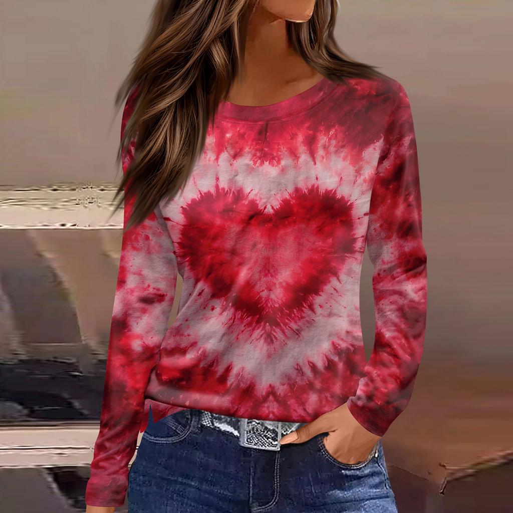 Women's Fashion Casual Slit Hem Round Neck Long Sleeve Loose  Printed T-Shirt Ladies Top