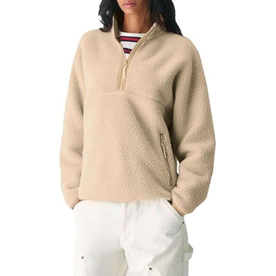 Damen Half-Zip Pullover Fleecejacke Langarm Stehkragen Sherpa Sweatshirt mit Taschen Herbst Flauschige Warme Oberbekleidung