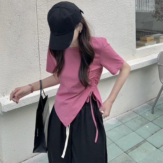 Summer irregular Short Sleeve T-shirts for Women thin cotton solid drawstring Casual slim T Shirt Harajuku Student Y2k crop Tops
